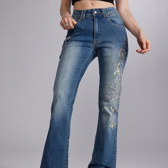 Flare leg Embroidery Jeans, Drop waist Fairycore Butterfly Embroidery flare Jean - Picture 6 of 6